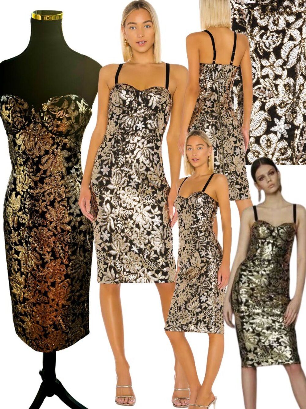 🆕 BRONX & BANCO 🧿 NWOT Louise Floral Sequin Midi Dress, Black Gold - Sz S US 4